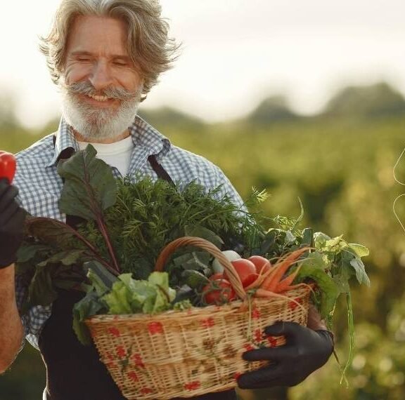 Tarlasında hasat yapan bir çiftçi, EDDHA şelatlı demir ile yetiştirdiği yüksek kaliteli kırmızı biberi inceliyor. Sepetinde verimli bir hasat görülüyor. Orto-Orto izomerinin farkıyla demir eksikliği giderilmiş sağlıklı sebzeler.